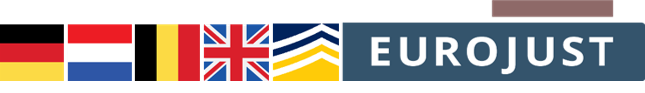 Flags of DE, NL, BE, UK, logos of Europol, Eurojust